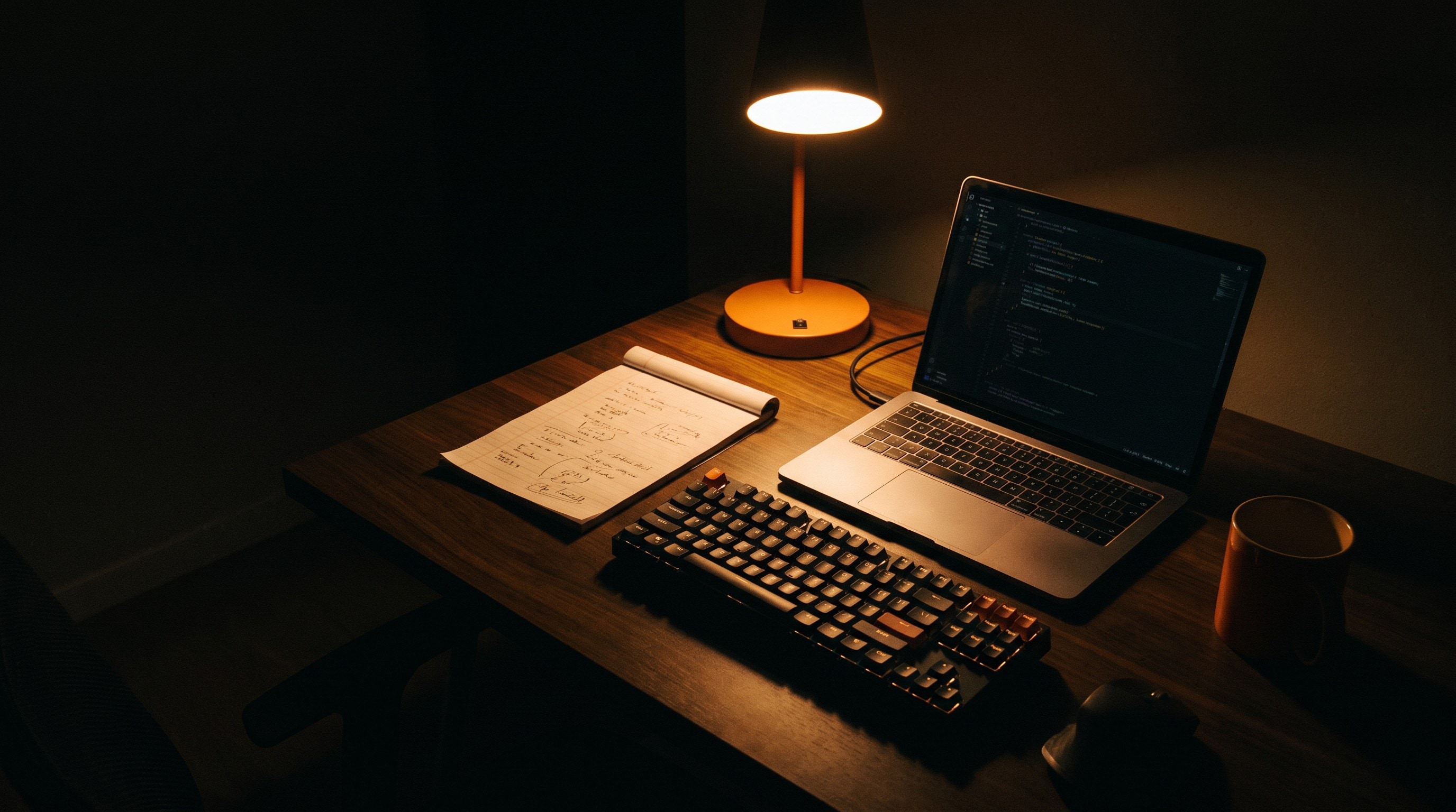 Workspace de desenvolvimento com laptop, teclado mecânico e caderno de esboços